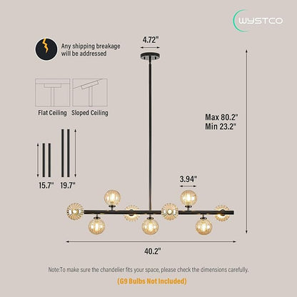 Mid Century Modern Glass Globe Sputnik Chandelier, 9-Light Linear Chandeliers for Dining Room, Kitchen Island, Living, Dining Room Light Fixture Over Table, Black and Amber Bubble, 40 Inch