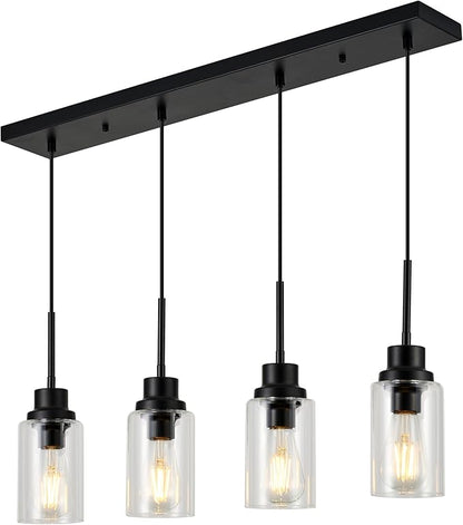 4-Lights Pendant Lighting for Kitchen Island in Black, Ceiling Light Fixtures with Adjustable Hanging Wire & Clear Glass Shades