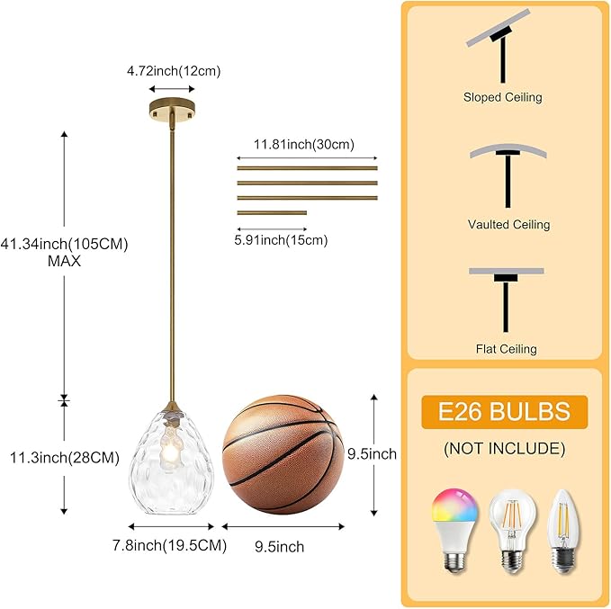 7.8" Island Lights for Kitchen， Glass Pendant Light for Kitchen Island, Gold Hand-Blown Pendant Lights Fixtures with Adjustable Height, Ideal for Kitchen Island, Dining Room, Bedroom, Entryway