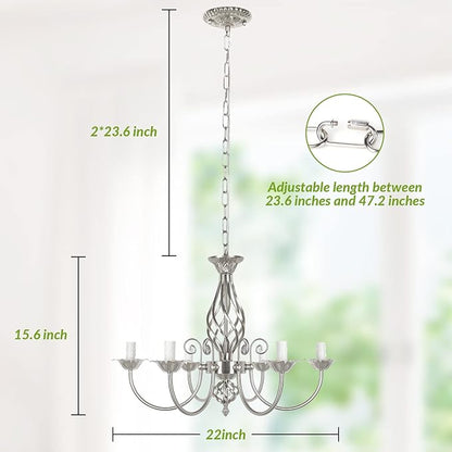 6-Light Farmhouse Candle Chandelier for Living Room, Rustic Industrial Pendant Ceiling Light fixture, Brushed Nickle Modern Ceiling Hanging Lamp for Bedroom Hallway Kitchen Dining Room Foyer, E12 Base
