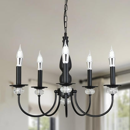 Black Chandelier, 5-Light Farmhouse Candle Chandelier for Living Room, Rustic Industrial Pendant Chandeliers for Dining Room, Vintage Crystal Hanging Light fixture for Hallway Kitchen Foyer E12