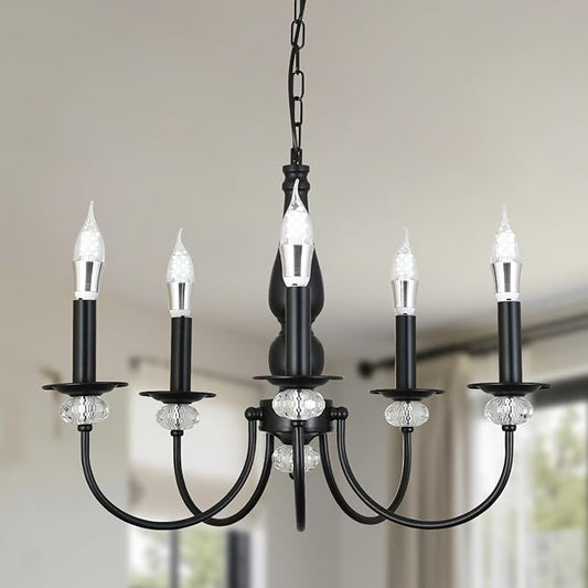 Black Chandelier, 5-Light Farmhouse Candle Chandelier for Living Room, Rustic Industrial Pendant Chandeliers for Dining Room, Vintage Crystal Hanging Light fixture for Hallway Kitchen Foyer E12
