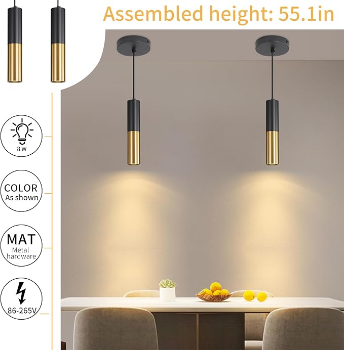 3 Pack Modern Black and Gold LED Pendant Lights, Minimalist Linear Hanging Light, 3 Color 2700K/4500K/6500K, Ceiling Mount Pendant Lamp for Kitchen Island, Dining Room, Bedroom, Bar, Cafe