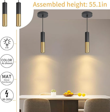 2 Pack Modern Black and Gold LED Pendant Lights, Minimalist Linear Hanging Light, 3 Color 2700K/4500K/6500K, Ceiling Mount Pendant Lamp for Kitchen Island, Dining Room, Bedroom, Bar, Cafe