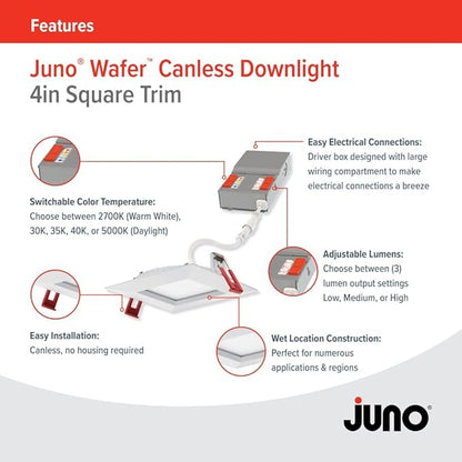 Juno LED Recessed Lights 4 Inch Square Wafer Downlight, 5-in-1 Switchable White Color Temperature, Adjustable Brightness, 120 Volts, 4-Inch Trim, 1 Pack, Matte White