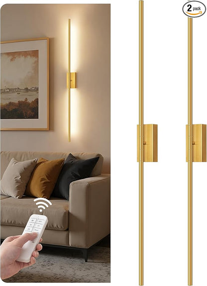 39.4" Wireless Battery Operated Wall Sconces Set of 2, Modern Rechargeable Lamp with Remote, 360° Rotation, 10000mAh, Touch Dimmable Lights for Bedroom, Living Room, Hallway, Gold D07YBP205