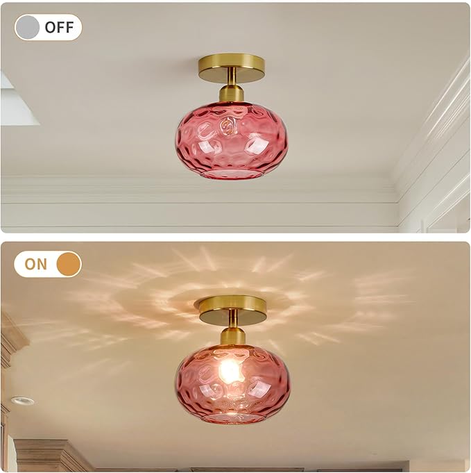 Luafac Red Glass Semi Flush Mount Ceiling Light - 7.9 Inch Hammered Art Deco Glass Small Hallway Light fixtures, Vintage Gold Flush Mount Ceiling Light for entryway Foyer Laundry Room Kitchen