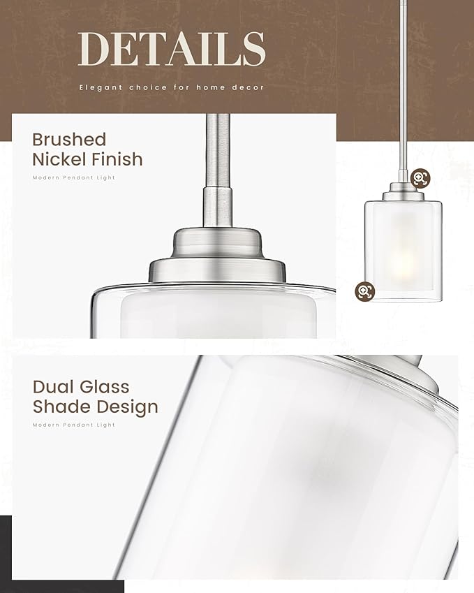 TENGXIN Modern Pendant Light,6-in Brushed Nickel Modern Pendant Light for Kitchen Island,Hanging Ceiling Light Fixture,Farmhouse Pendant Lighting for Dining Room Bedroom Office 2Pack,TXPLBN02-2PK-L