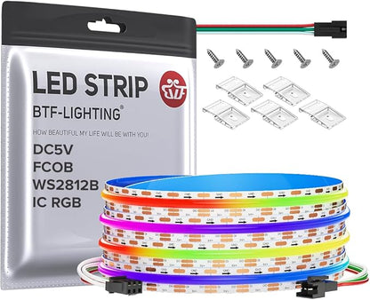 BTF-LIGHTING FCOB COB WS2812B IC RGB LED Strip DC5V 9.8FT Individual Addressable 160Pixel/m 480LEDs 480IC Dream Color IP30 Non-Waterproof High Density Light 0.39in Width(No Adapter or Controller)