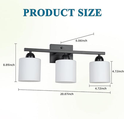 Mecgirn Milk Glass Vanity Lights for Bathroom, 3 Light Matte Black Bathroom Light Fixtures Over Mirror, Ceramic E26 Sockets Wall Mounted