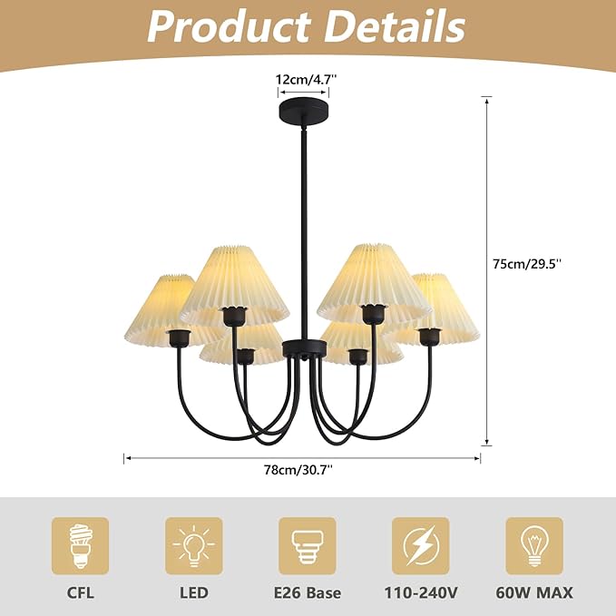 KCO Lighting Modern Farmhouse Chandelier Black Sputnik Chandelier Light Fixture White Fabric Chandelier Ceiling Light Vintage Pleated Chandelier Traditional Chandeliers for Dining Room