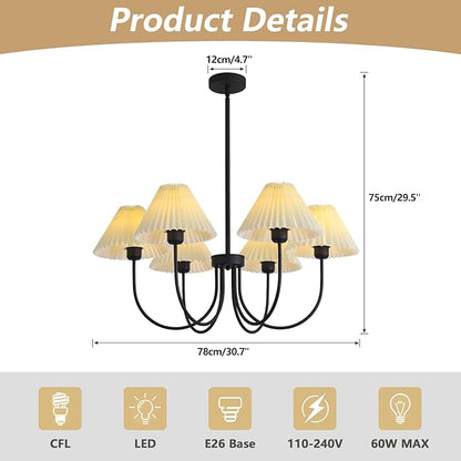 KCO Lighting Modern Farmhouse Chandelier Black Sputnik Chandelier Light Fixture White Fabric Chandelier Ceiling Light Vintage Pleated Chandelier Traditional Chandeliers for Dining Room