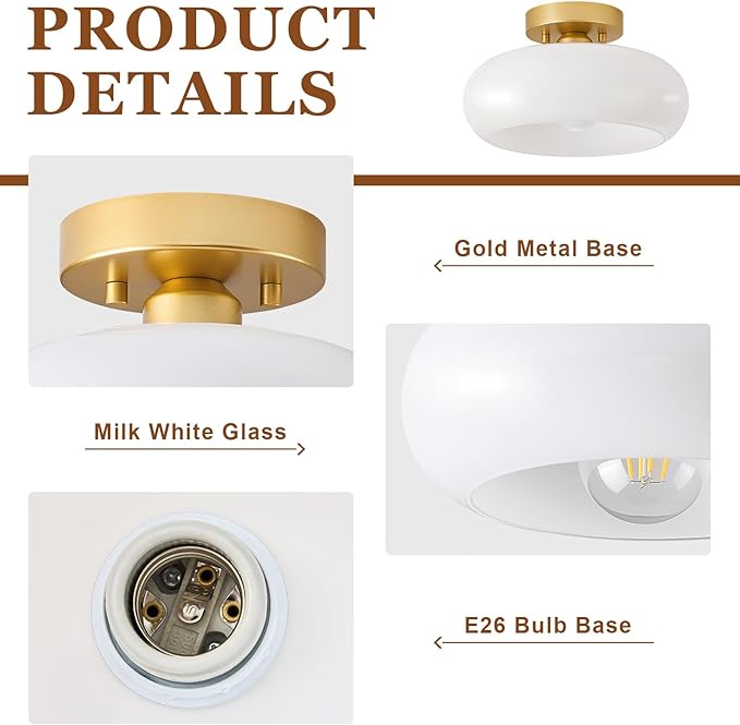 WOKNOS Mid-Century Modern Gold Semi Flush Mount Ceiling Light, Kitchen Ceiling Light Fixture with Glass Shade, Vintage White Close to Ceiling Lamp for Entryway Hallway Bathroom (11.0 Inch)