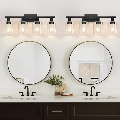 MOKATNG 4-Light Bathroom Light Fixtures, Vanity Light with Clear Glass Shades, Matte Black Bathroom Light Fixtures Over Mirror, Modern Bathroom Wall Lamp for Mirror Living Room Cabinet Bedroom