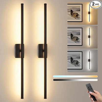 ONEWISH Battery Operated Wall Sconces Set of 2, 27.75" Rechargeable Wall Lights with Remote, 3-Color Dimmable Wireless Sconces for TV Wall Decor, Picture Light, Bedroom, Black
