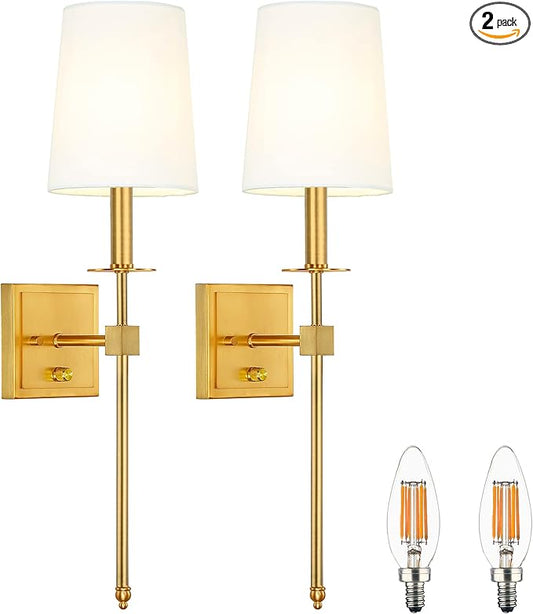 Untrammelife Gold Wall Sconces Set of Two, Farmhouse Sconces Wall Lighting with Dimmer ON/Off Switch, Industrial Hardwired Wall Lamps for Bedrooms, Living Room, Bathroom, Vanity (Bulbs Included)