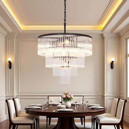 Modern Multi-Tier Crystal Chandelier 4-Tier Round Black Finish Ceiling Light -Cylindrical Glass Rods -Dining Room Living Room Bedroom Entryway -Luxury Lighting Fixture 20''
