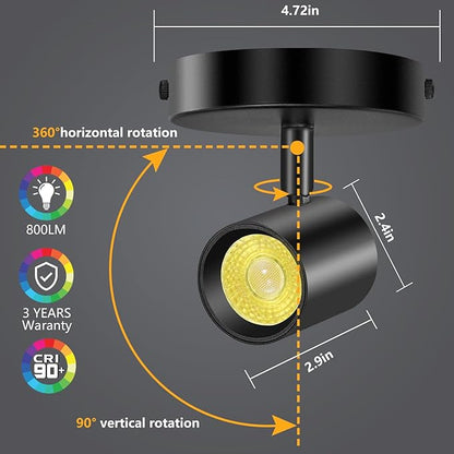 VANoopee 5-Color Ceiling Spotlight Flush Mount Adjustable Directional LED Spot Lights Indoor Dimmable Ceiling Light Fixture for Accent Art Picture Living Room - CRI90+ 24° Flicker Free 10W 800lm Black