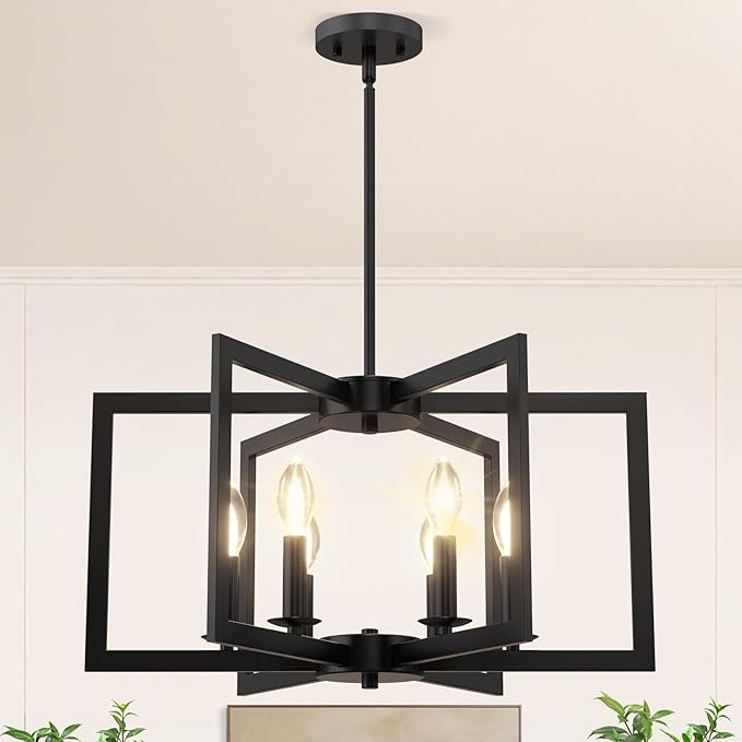 Modern Black Chandelier, 6-Light Geometric Dining Room Light Fixture, Industrial Pendant Lights Kitchen Island, Hanging Metal Farmhouse Chandeliers for Dining Room Entryway Foyer Bedroom Kitchen