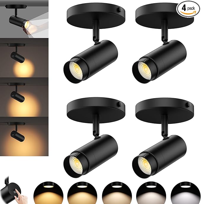 5CCT LED Ceiling Spotlight Flush Mount Black Fixtures 15-60° Zoomable 10W Dimmable 2700K-6000K Adjustable Ceiling Spot Lights Indoor Directional Lighting for Living Room Bedroom Kitchen 4-Pack
