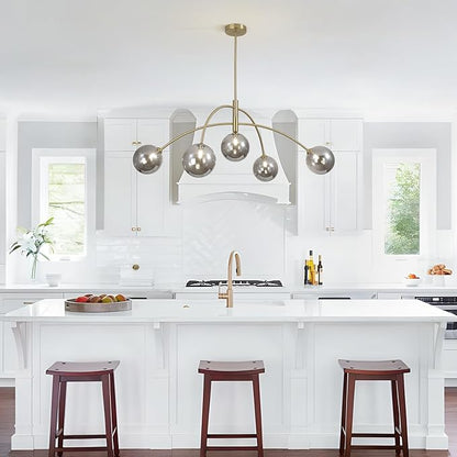 Modern Gold Chandelier 5 Light Smoke Gray Semi Flush Mount Chandelier Vintage Industrial Ceiling Light Dining Room Chandelier for Kitchen Bedroom Hallway