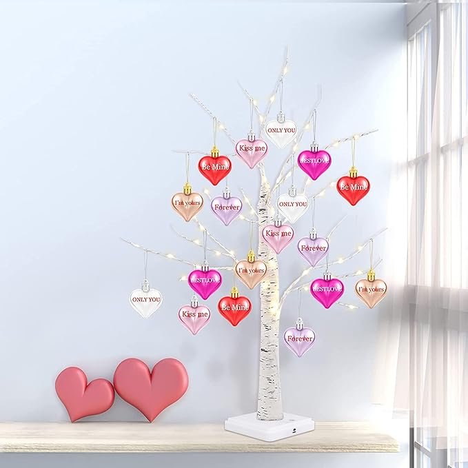 Fovths Valentine's Day Tree Decoration with LED Lights 21.7 Inch Tabletop Birch Tree with Timer Battery USB Powered with Valentine's Day Heart Ornaments for Home Valentine Wedding Decor
