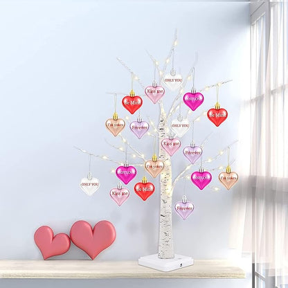 Fovths Valentine's Day Tree Decoration with LED Lights 21.7 Inch Tabletop Birch Tree with Timer Battery USB Powered with Valentine's Day Heart Ornaments for Home Valentine Wedding Decor