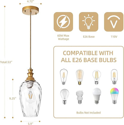 Pendant Lights Kitchen Island, Brushed Gold Modern Pendant Light Fixtures, Adjustable Cable Hanging Lighting with Hand-Blown Glass Shade & E26 Base for Bedroom, Hallway, Dining Room, 2 Pack