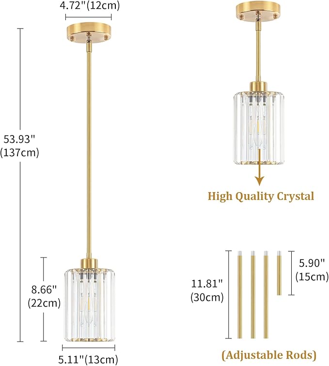 3 Pack Brushed Brass Pendant Lights Kitchen Island, Modern Crystal Pendant Lighting Over Island Kitchen Hanging Light Fixtures Adjustable Pendant Light for Dining Room Bathroom Entryway Hallway Foyer