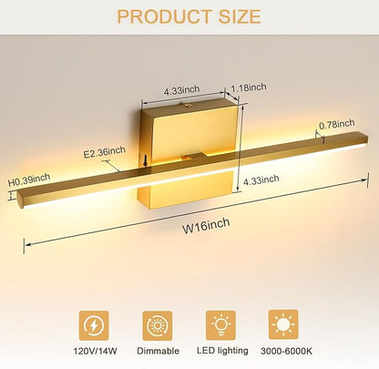Brushed Gold Vanity Light 16 Inch Modern Bathroom Light Fixtures 14W Wall Vanity Lamp Over Mirror, Dimmable 5CCT LED Wall Sconce for Bedroom Cabinets UL Certificated