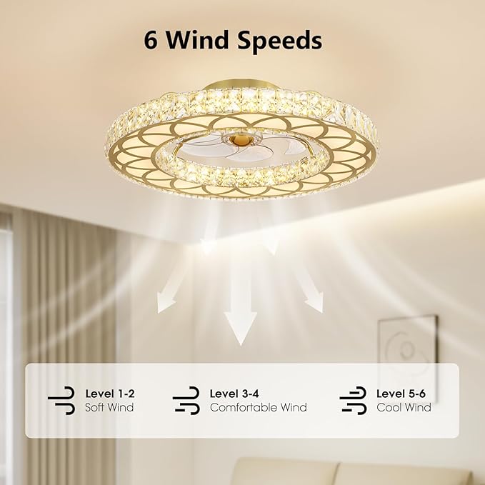 LUDOMIDE Crystal Ceiling Fans with Lights, 24" Modern Ceiling Fan with Remote Flush Mount, 6-Speed Wind, Dimmable LED, Low Profile Ceiling Fan for Bedroom Dining Room Living Room