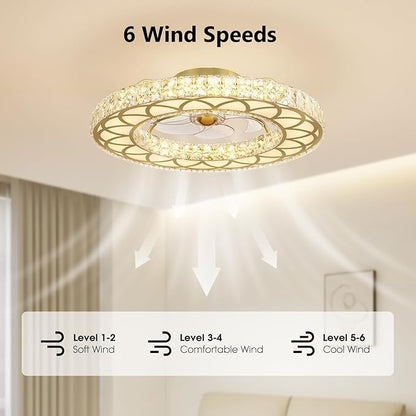 LUDOMIDE Crystal Ceiling Fans with Lights, 24" Modern Ceiling Fan with Remote Flush Mount, 6-Speed Wind, Dimmable LED, Low Profile Ceiling Fan for Bedroom Dining Room Living Room