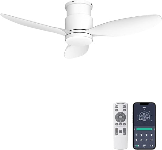 Ohniyou 42'' Flush Mount Ceiling Fans with Lights, Remote/App Control, Dimmable, Silent Indoor/Outdoor Ceiling Fan for Porch, Bedroom, Kitchen, White