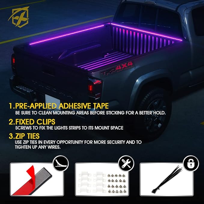 Xprite 60" RGB Truck Bed Bluetooth Lights Kit, Neon Accent Exterior Glow Rails Light Strips w/APP Control & Wireless Remote, for Cargo, Tonneau Cover, Pickup Trucks, Van, SUV, Camper RV, Boat - 3PCS