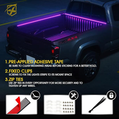 Xprite 60" RGB Truck Bed Bluetooth Lights Kit, Neon Accent Exterior Glow Rails Light Strips w/APP Control & Wireless Remote, for Cargo, Tonneau Cover, Pickup Trucks, Van, SUV, Camper RV, Boat - 3PCS