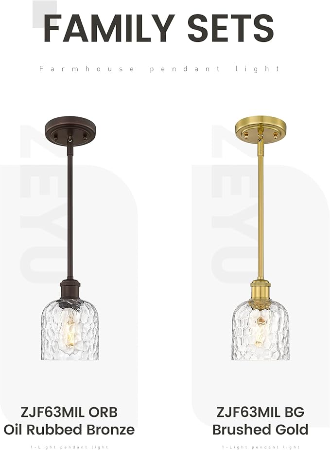 zeyu 1-Light Kitchen Pendant Lighting Fixture, Kitchen Island Ceiling Light, Vintage Pendant Light with Clear Hammered Glass, Brushed Gold Finish, ZJF63MIL BG