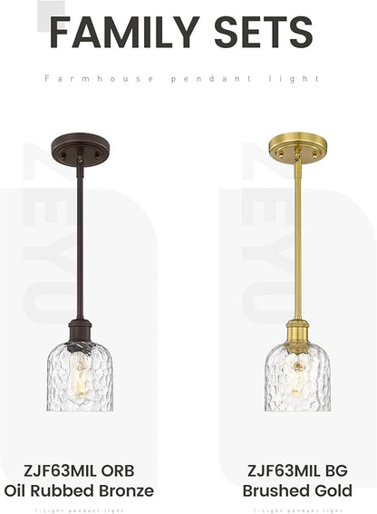 zeyu Bronze Adjustable Pendant Lighting, 2 Pack Hanging Kitchen Lights, 1-Light Farmhouse Glass Pendant Light with Clear Hammered Glass, Oil Rubbed Bronze Finish, ZJF63MIL-2PK ORB