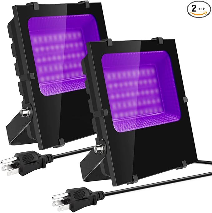 300W Black Lights Outdoor, Commercial High Power LED Black Light Flood Lights with UL Listed Plug IP66 Waterproof Blacklight FloodLight 395nm for Glow Party Large Space, Halloween (2 Pack)