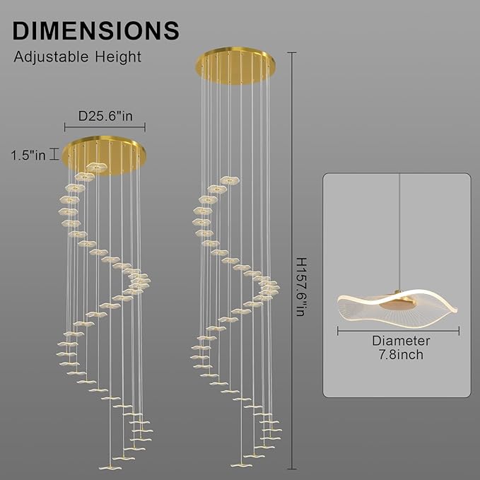 ziidoo High Ceiling Chandelier - 38-Light Dimmable Modern Gold Long Spiral Luxury Linear Lotus Leaf Led Lamp Hanging Pendant Lights for Foyer Enterway Staircase Villas