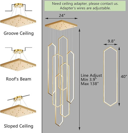 6-Rings Chandelier Modern, Gold Large Contemporary LED Light for Living Room Entrance, Dimmable Flush Mount High Ceiling Chandeliers with Remote Control for Villa Foyer