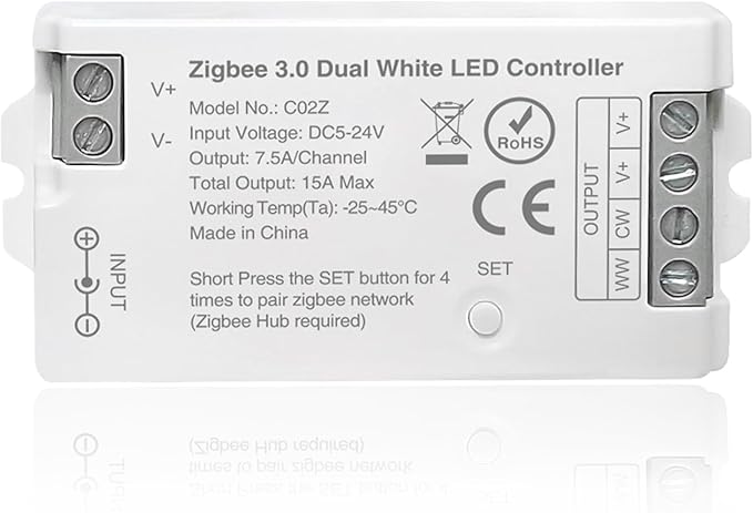 ZigBee 3.0 LED Controller C02Z CCT Dual White LED Strip Bulb Dimmer Compatible with Echo Plus Home-kit Zigbee Hub Bridge Required DC5-24V for LED Strip Lights