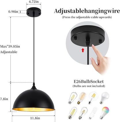 Black Pendant Lights Kitchen Island 3 Pack, 11.8" Farmhouse Pendant Lighting, Black and Glod Kitchen Light, Modern Dome Kitchen Pendant Lighting Over Island Dining Room Entryway Bar