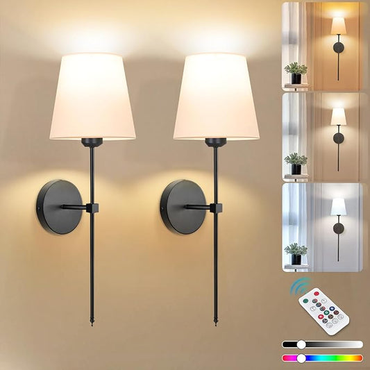 Adetu Wall Sconces Set of Two, Battery Operated Wall Sconce with RGB Dimmable Magnetic Bulbs and Remote, Rechargeable Wall Lights for Bedroom Living Room Hallway Decor