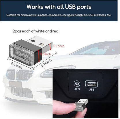 Dickno 4 PCS USB LED Car Interior Atmosphere Lamp, Portable Mini LED Night Light, Plug-in USB Interface Trunk Ambient Lighting Kit, Universal Vehicle Interior Accessories (White+Red)