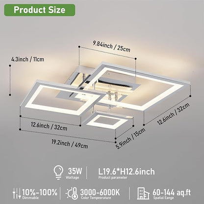 Modern Chrome Led Ceiling Light 3-Square Design 3000K-6500K Dimmable LED Ceiling Light with Remote 33W Acrylic Ceiling Lighting Fixture for Bedroom Kitchen Dining Room Office Lamps