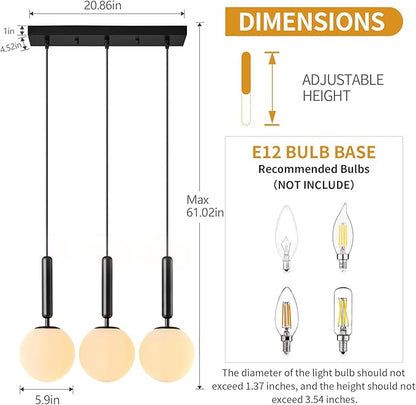 Modern Black Pendant Lights Kitchen Island Mid Century with Globe Pendant Light Milk White Glass Pendant Lighting for Living Room Bedroom Entryway (3 Lights)