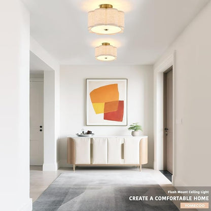 Semi Flush Mount Ceiling Light, Beige Linen Fabric Shade Ceiling Light, Golden Modern Farmhouse Close to Ceiling Light for Bedroom, Laundry Room, Hallway, Living Room, Dining Room