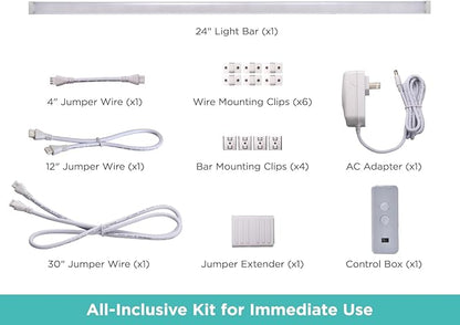 PureOptics LED Under Cabinet Light Kit, Motion Sensor, Dimmable, Linkable, 3 Color Settings, Tool-Free, Utility Light, Closets, Garage, Pantry, (1) 24" Bars