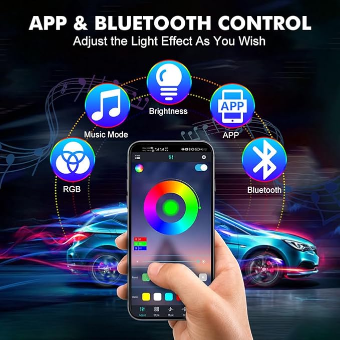 Car LED Lights,Smart Car Interior Lights with App Control,Car Atmosphere Lights,Car LED Interior Lights,Interior RGB Lights,Inside Car Lights with DIY Mode and Music Mode.