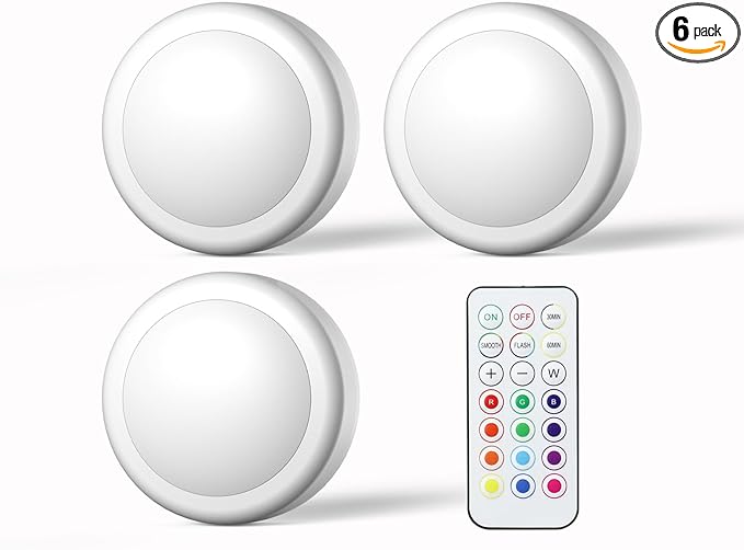 SEMSMOKS Battery Operated LED Puck Lights with Wireless Remote, 13 Color RGB - for Closet, Bedroom Wall, Under Cabinet, Battery Powered Push Lights. Convenient 3M Stick On(White, 3-Packs)